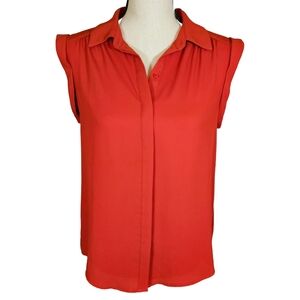 Pleione Dark Orange Chiffon Capped Sleeve Button Up Blouse, Size Small